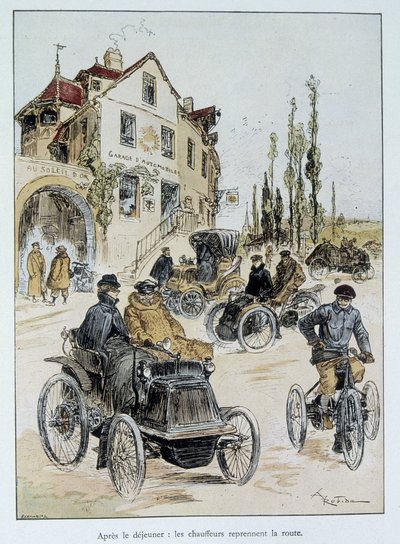 Después del desayuno, los conductores vuelven a la carretera: el comienzo del transporte motorizado por Robida de Albert Robida