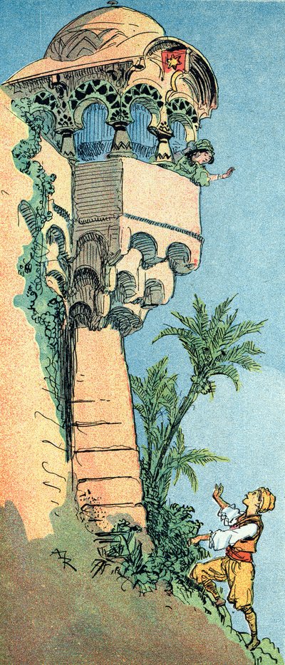 Aladino encuentra su palacio y a su esposa Ilustración de Albert Robida (1848-1926) para el cuento "Aladino y la lámpara maravillosa" de "les mille et une nuits" en "El libro de las mil y una noches o" Las mil y una noches" de Albert Robida