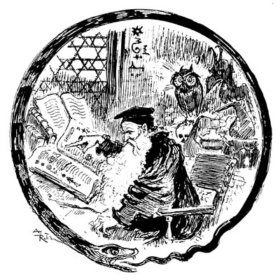 Alquimista consultando sus grimorios (fórmulas mágicas - cabalísticas) bajo la mirada de un búho y un demonio - el marco de la imagen está formado por una serpiente que se muerde la cola - Letrina formando la letra O - ilustración de Albert Robida (1848-19 de Albert Robida