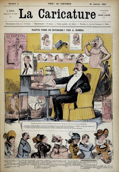 Alexandre Dumas en Especialista en Divorcios por Albert Robida (1848-1926), portada de “The Cartoon” 24/02/1880 de Albert Robida