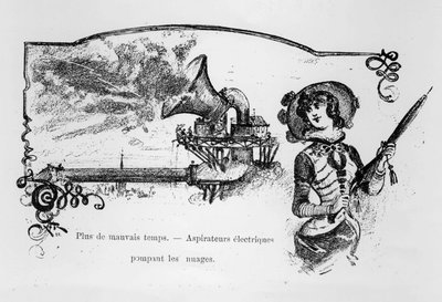Anticipación: aspiradoras eléctricas bombeando nubes para evitar mal tiempo - en "El siglo XX" de A. Robida de Albert Robida