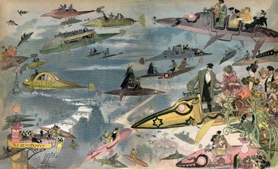 Anticipación: el estreno de la Ópera de París en 2000, vista por el diseñador Albert Robida en 1900. Los parisinos circulan por todo tipo de vehículos aéreos. de Albert Robida