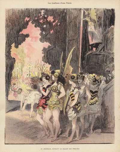 Entre bastidores durante una producción del Ballet des Insectes en el Theatre du Chatelet, París de Albert Robida