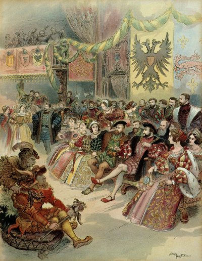 Baile en la corte del rey de Francia, Francisco I (1494-1547), con la presencia de Carlos V (1500-1558) rey de España y emperador del Sacro Imperio Romano Germánico, en el castillo de Fontainebleau, en 1539. Ilustración de Albert Robida