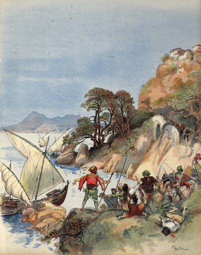 Los piratas de Berbería aterrorizando la costa del Mediterráneo, secuestrando a los habitantes para venderlos como esclavos, ilustración de 