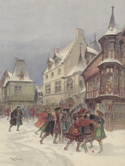 Batalla de nieve en Romorantin, el rey herido en el asalto a la casa de Saint-Pol de Albert Robida