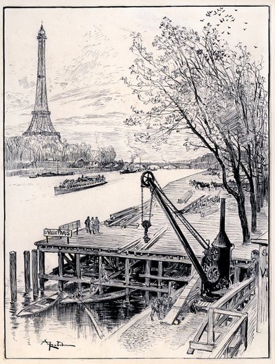 Inicio de las obras de reconstrucción arquitectónica del Viejo París medieval, a orillas del Sena, para la Exposición Universal de 1900. de Albert Robida