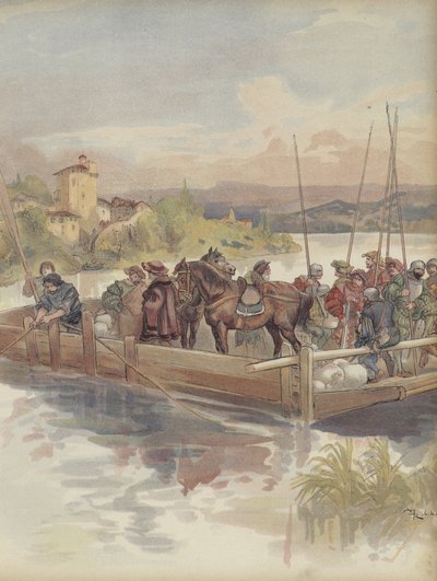 Borbón huyendo, casi es reconocido por soldados, al cruzar un ferry de Albert Robida