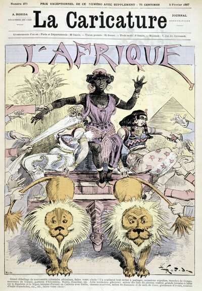 Caricatura sobre el colonialismo en África “Gran desembalaje de novedades coloniales africanas, ¡hagan su elección! Todo un continente para compartir, grandes ocasiones, trozos de Congo, piezas de Guinea” por Robida - en “La Caricature” del 05/02/1887 de Albert Robida