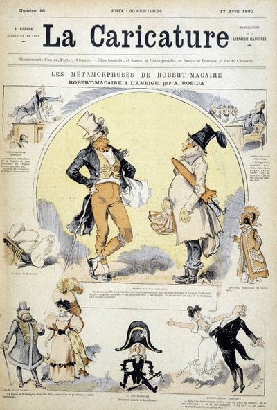Caricaturas sobre el actor Robert Macaire por Robida, portada de “La caricature” 17/7/1880 de Albert Robida