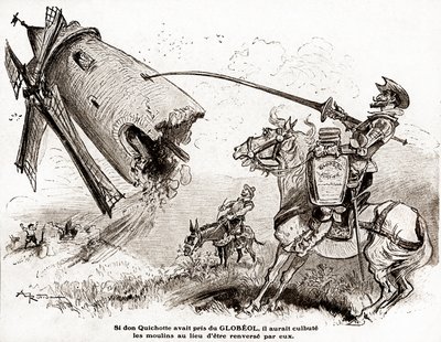 Don Quijote para un anuncio del fortificante Globeol, hacia 1916 (ilustración) de Albert Robida
