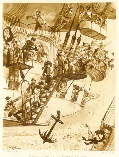 Salida de un globo transatlántico, de Le Vingtieme Siecle, pub. 1883 litografía, 1883 de Albert Robida