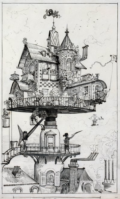 El dibujo muestra una estructura de vivienda elevada sobre los tejados y diseñada para girar y ajustarse en varias direcciones, dibujo de Albert Robida c. 1883 de Albert Robida