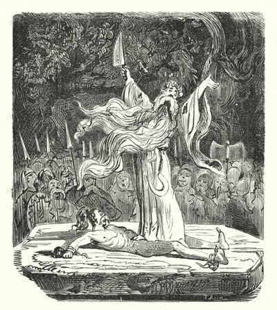 Druida realizando un sacrificio humano (grabado) de Albert Robida