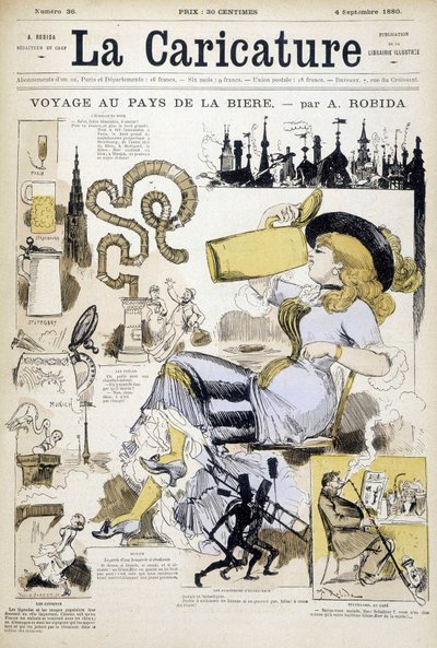 Edición con mujer bebiendo una jarra de cerveza por Robida - en La caricature del 4/9/1880 de Albert Robida