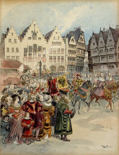 Elección de Carlos V (1500-1558) como Emperador de Alemania el 28 de junio de 1519. El cortejo de los siete electores recorre las calles de Frankfurt (Alemania). Ilustración de Albert Robida