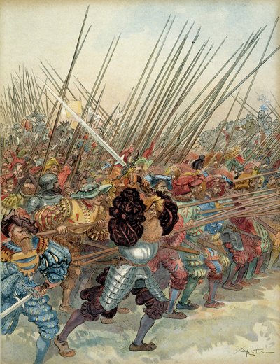 Quinta Guerra Italiana (1515-1516): Carga suiza sobre las armas de Francisco I (1494-1547) y sus aliados venecianos en Marignano (Italia) de Albert Robida