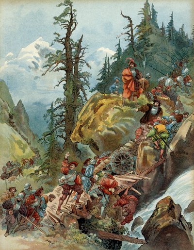 Quinta Guerra Italiana (1515-1516): el paso de los Alpes en agosto de 1515, por el paso de Larche, del ejército de Francisco I, en ruta hacia Italia de Albert Robida
