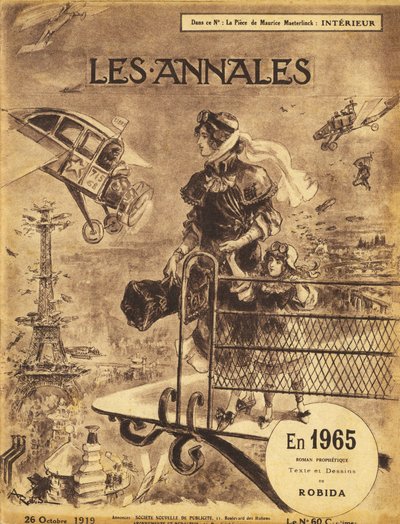Primera publicación de la novela de anticipación profética "En 1965" de Albert Robida (1848-1926) en 1919 en la revista "Annales Politiques et Litteraires" - París sufre una congestión de tráfico... ¡en el cielo! Aviones que vuelan solos y taxis (avión de Albert Robida
