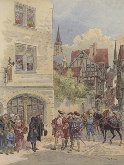 Francisco I es recibido por Estienne, en la puerta de su imprenta, en la enseña del Olivo, calle Saint-Jean-de-Beauvais, en París de Albert Robida