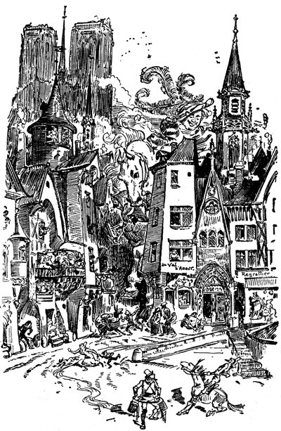 El gigante Gargantúa recorre París sembrando el pánico y la destrucción a su paso. Aprende a escupir sobre la Cathedrale Notre Dame de Paris, cuyas torres al fondo se distinguen. Con este escupitajo, ¡más de 3000 parisinos morirán ahogados! Ilustración de Albert Robida