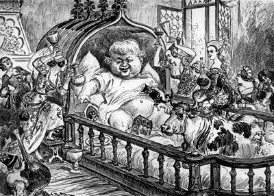 Grandes et inestimables chroniques du grand et enorme geant Gargantua obra anónima que inspiró a François Rabelais para "Pantagruel" en 1532, grabado de Albert Robida : aquí Gargantua de bebé de Albert Robida