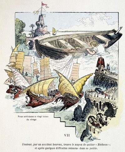 Gulliver y su barco gigantesco en el puerto de los liliputienses - en “Viajes de Gulliver” de Jonathan Swift (1721), ill. por Robida de Albert Robida