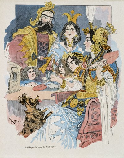 Gulliver en la corte de Brobdignac - en Gulliver Voyages por Swift, ilustrado por Robida de Albert Robida