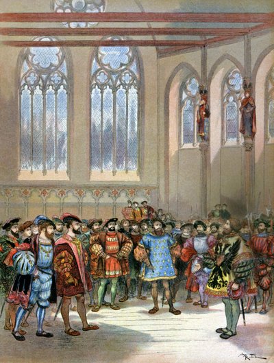 Heraldo de Carlos Quinto recibido por Francisco I de Albert Robida