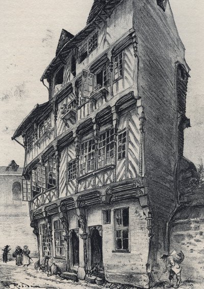 Casa rue Saint Guillaume en Rennes - Vieja Francia - Bretaña - texto, dibujos y litografías, por Albert Robida (1848-1926) sin fecha finales del siglo XIX de Albert Robida