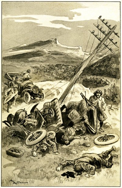 Ilustración de Albert Robida (1848-1926) para el libro de Leon Berthault "Le record du tour du monde ", edición Mame principios del siglo XX (1911) - un accidente de tráfico hacia 1900: coche que choca contra un poste de la línea telegráfica. Los pasajeros de Albert Robida