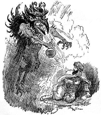 Ilustración de Albert Robida (1848-1926) de una leyenda árabe (1001 noches) (Cuentos de las Mil y Una Noches): un horrible demonio (genio maligno) obsequia a un hombre con una botella de vino. grabado del libro "Choix de lectures" Armand Colin 1926. de Albert Robida