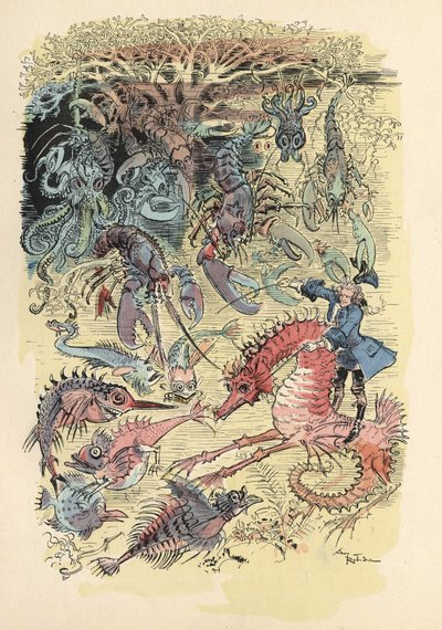 Ilustración de Albert Robida en Historia y Aventuras del Barón de Munchausen, H. Laurens Ed., finales del siglo XIX de Albert Robida