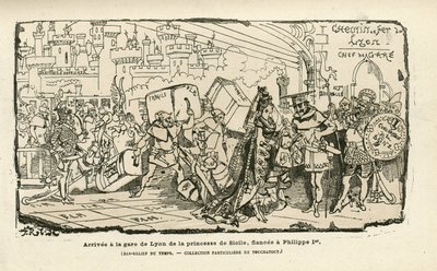 Ilustración de Albert Robida (1848-1926) en Histoire de France tintamarresque, ca. 1880 - Gare, Ancien regime, Sicily - Philippe I de Albert Robida