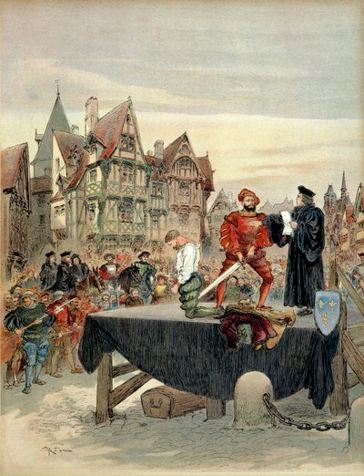 Jean de Poitiers, señor de Saint Vallier (ca. 1475-1539), capitán de la guardia de Carlos de Borbón (1489-1537) fue perdonado en el cadalso en 1524. Ilustración de Albert Robida