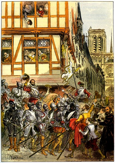 El rey Enrique IV de Francia aclamado por la multitud a su llegada a Notre-Dame tras la rendición de París el 22 de marzo. de Albert Robida