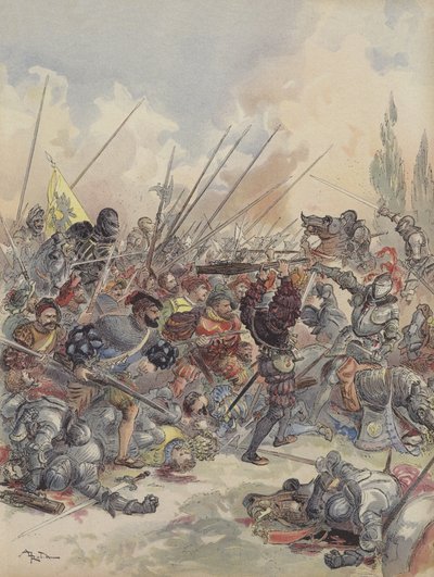 El rey en Pavía, cae del caballo, herido, lucha contra la nube de atacantes que lo rodean de Albert Robida