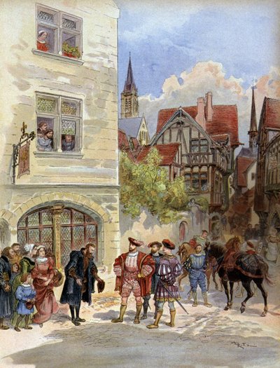 Litteratura. El impresor Robert Estienne recibe al rey Francisco I en su imprenta, en París. Ilustración de A. Robida en: Francois 1er, por A. Toudouze, Francia de Albert Robida