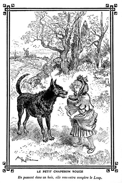 Caperucita Roja, con su tarta y su tarro de mantequilla, se encuentra con el Lobo. Dibujo de Albert Robida (1848-1926) en un libro de lecturas infantiles 1920-1930. de Albert Robida