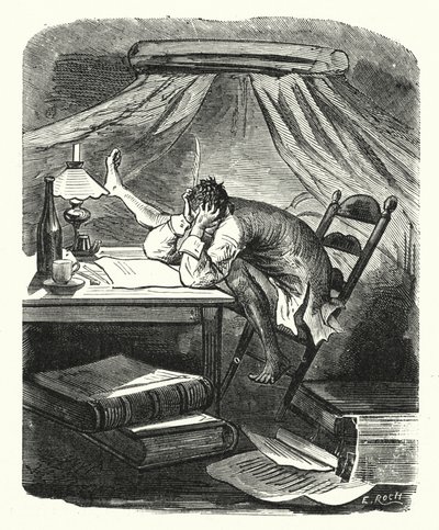 Hombre leyendo en una mesa (grabado) de Albert Robida