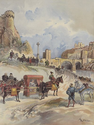 Margarita de Francia visitando a su hermano, es recibida en el Puente de Toledo por Carlos V de Albert Robida