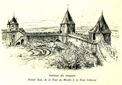 Cité Medievale de Carcassonne (Aude, Languedoc, país cátaro) - Interieur des ramparts, pointe sud, de la tour du Moulin au la tour Cahuzac - location du Theatre de plein air - grabado romántico de Albert Robida (1848-1926) en un libro publicado a principio de Albert Robida