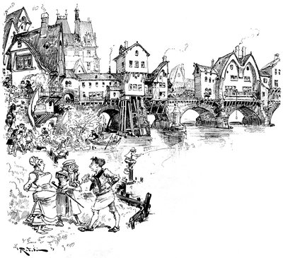 París: el Sena, puente con casas, habitantes, parisinos, escenas de la vida parisina en la Edad Media - arquitectura - hábitat urbano - río - ilustración de Albert Robida (1848-1926) de Albert Robida