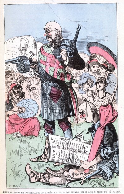 Phileas Fogg y Passepartout después de la vuelta al mundo en 3 años 8 meses y 17 días, parodia de Jules Verne, "Viajes muy extraordinarios de Saturnin Farandoul en 5 o 6 partes del mundo y en todos los países conocidos o desconocidos por el Sr. Jules Verne de Albert Robida