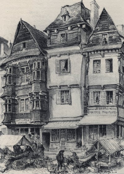 Place du marché en Lannion - La vieja Francia - Bretaña - texto, dibujos y litografías, por Albert Robida (1848-1926) sin fecha finales del siglo XIX de Albert Robida