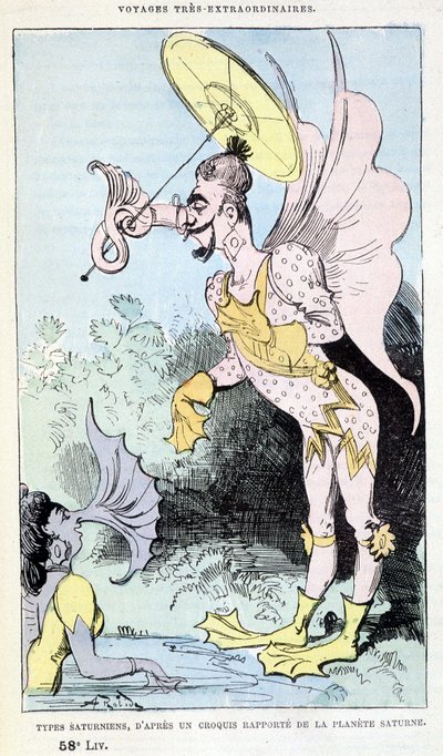 Tipos saturnianos de un boceto reportado del planeta Saturno (monstruos grotescos pseudo-antropológicos), parodia de Julio Verne, “Viajes muy extraordinarios de Saturnin Farandoul en 5 o 6 partes del mundo y en todos los países conocidos o desconocidos por de Albert Robida