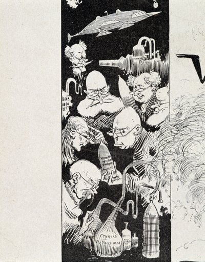 Siete científicos con su invención. En "La guerra en el siglo XX" de A. Robida de Albert Robida
