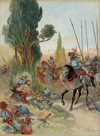 Sexta Guerra Italiana (1521-1526): Muerte de Pierre Terrail de Bayard (1476-1524), herido por un arcabuz en Rebec (Italia), en 1524, Carlos de Montpensier, condestable de Borbón (1490-1527), lo enfrentó de Albert Robida