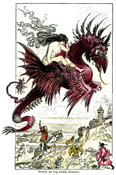 Súcubo: demonio femenino (mujer - hembra) cabalgando un dragón - ilustración de Albert Robida para los Cuentos Drolaticos de Honore de Balzac - principios del siglo XX de Albert Robida