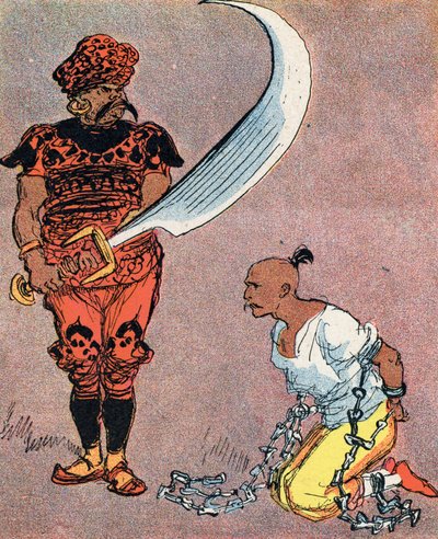 El sultán ordena cortar la cabeza a Aladino Ilustración de Albert Robida (1848-1926) para el cuento "Aladino y la lámpara maravillosa" de "les mille et une nuits" (Ilustración para el cuento "Aladino" de "El libro de las mil y una noches o" Las mil y una n de Albert Robida